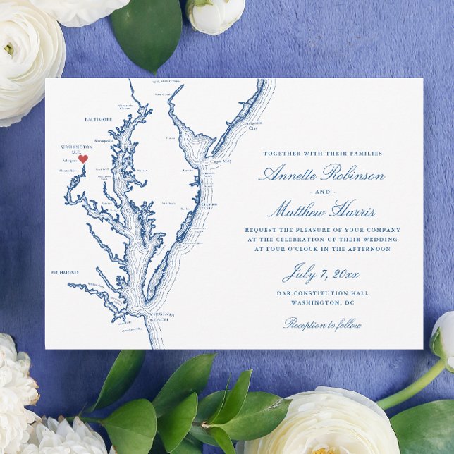 Convites Casamento Elegante de Marinhos do Mapa Washington  (Washington DC Map Wedding invitation with elegant navy blue Chesapeake Bay by Coastal Map Designs)
