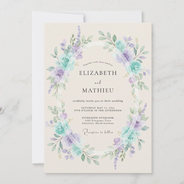 Convites Casamento Elegante de Menta e Lavanda na Primavera (Frente)