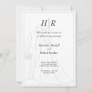 Convites Casamento Elegante de Monograma Branco Negro Cláss