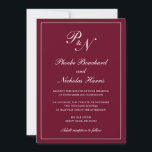 Convites Casamento Elegante de Monograma de Borgonha Formal<br><div class="desc">O convite de casamento clássico à burgundy, com um design simples e clássico, com o seu monograma inicial e os seus nomes num dentro de caligrafia elegante de uma fronteira fina. Todos os elementos de design podem ser alterados na ferramenta de edição de design. Estes convites de casamento elegantes são...</div>