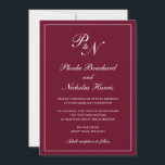 Convites Casamento Elegante de Monograma de Borgonha Formal<br><div class="desc">O convite de casamento clássico à burgundy, com um design simples e clássico, com o seu monograma inicial e os seus nomes num dentro de caligrafia elegante de uma fronteira fina. Todos os elementos de design podem ser alterados na ferramenta de edição de design. Estes convites de casamento elegantes são...</div>