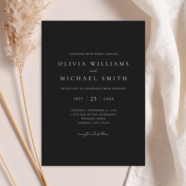 Convites Casamento Elegante de Negro e Branco Minimalista (Criador carregado)