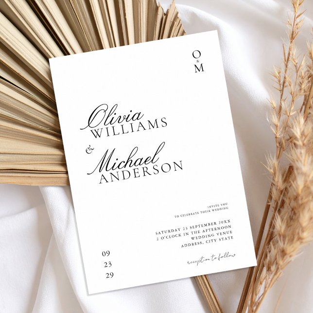 Convites Casamento Elegante de Negro e Branco Minimalista (Criador carregado)