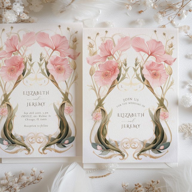 Convites Casamento Elegante De Nouveau, Blush E Arte Floral (Criador carregado)