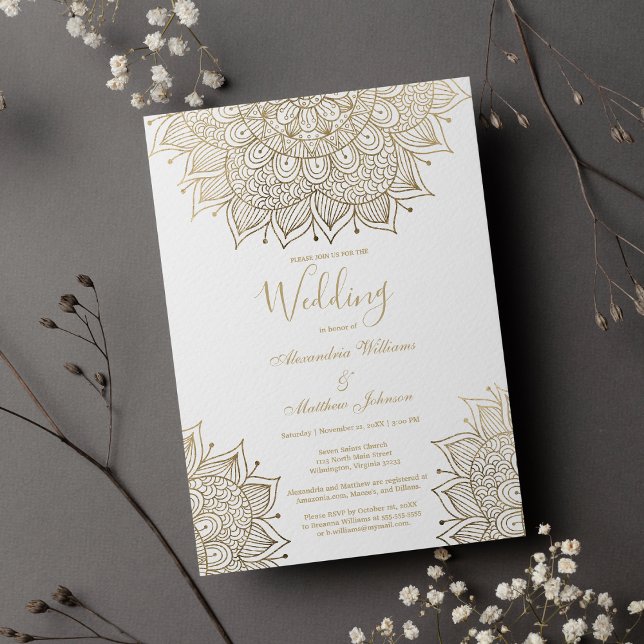 Convites Casamento elegante de ouro branco-quic (Elegant white chic gold floral mandala Wedding )