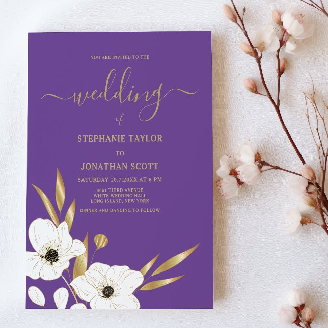 Convites Casamento elegante de ouro branco roxo e clássico (Classy purple white gold floral elegant Wedding )