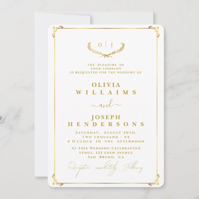 CONVITES CASAMENTO ELEGANTE DE OURO CALLIGRAPHY E CHIC FRAM (Frente)