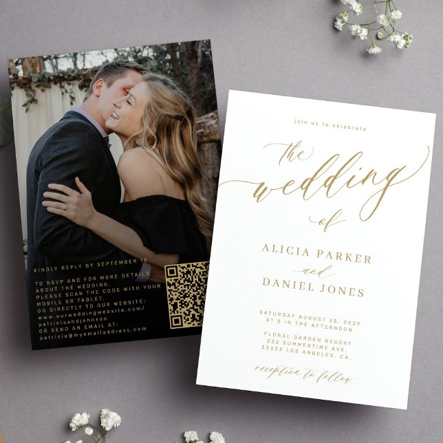 Convites casamento elegante de ouro moderno com foto do cód (Criador carregado)