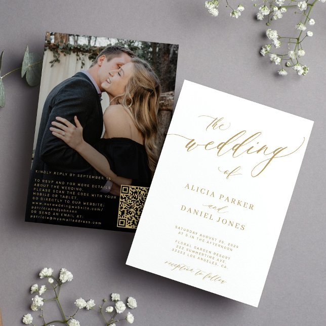 Convites casamento elegante de ouro moderno com foto do cód (Criador carregado)