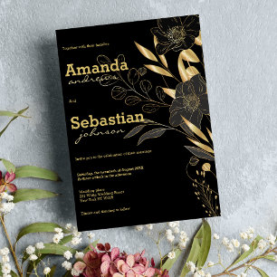 Convites Casamento elegante de ouro negro floral de luxo