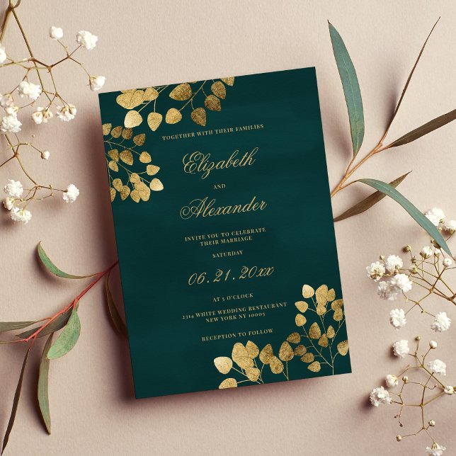 Convites Casamento elegante de ouro verde-escuro eucalipto (Elegant classic dark green gold eucalyptus wedding invitation )