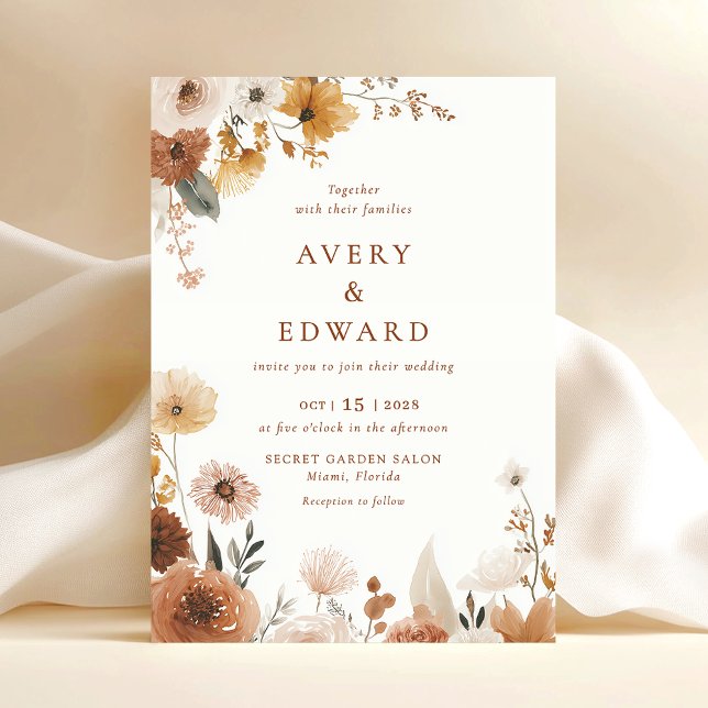 Convites Casamento Elegante de Outono com Flores (Criador carregado)