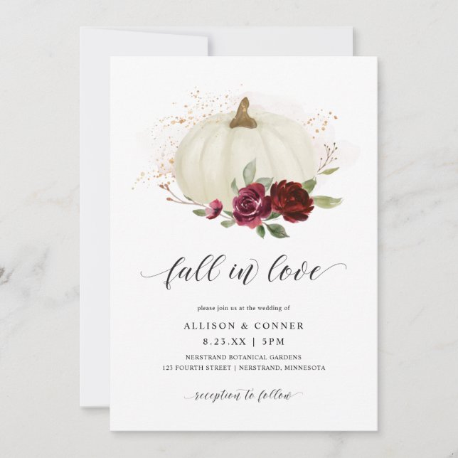 Convites Casamento Elegante de Outono com Rosas Burgundy e  (Frente)
