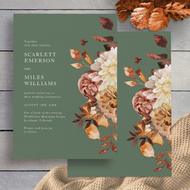 Convites Casamento Elegante de Outono com Sage (Elegant Sage Green Fall Floral Wedding Invitation by Painted Paperie
)