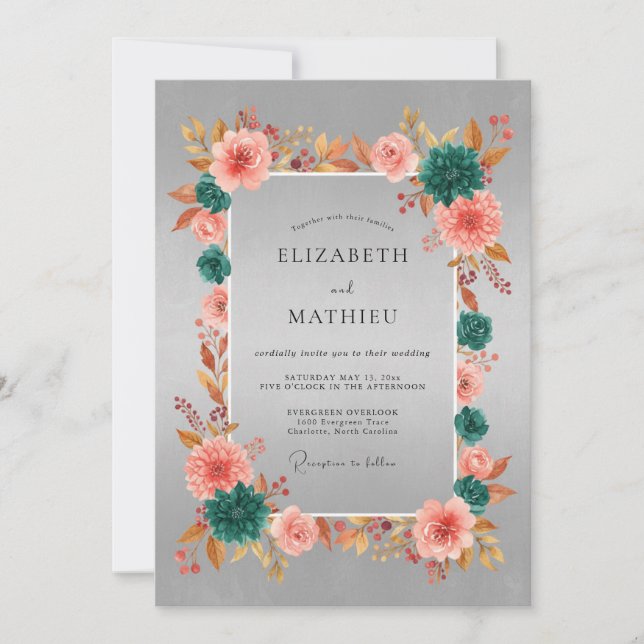 Convites Casamento Elegante de Outono em Tons de Teal Prate (Frente)
