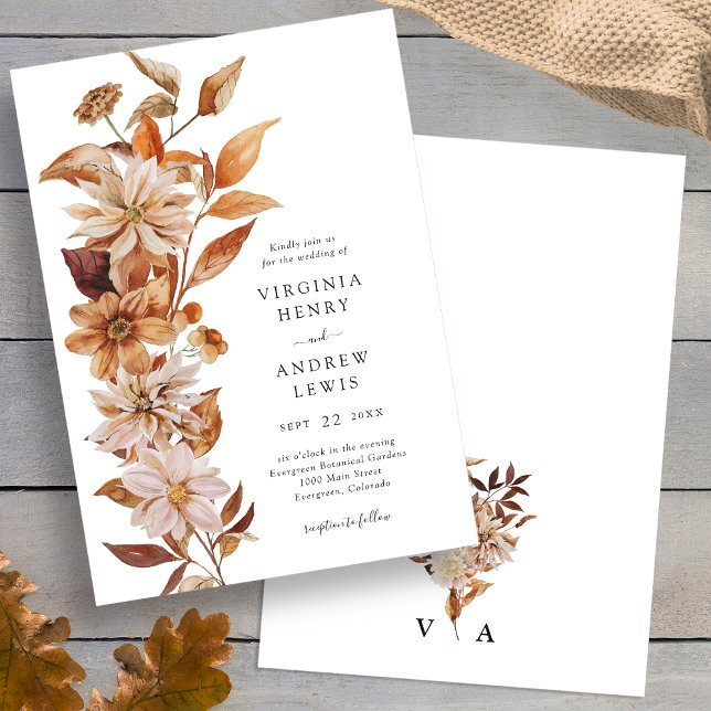 Convites Casamento Elegante de Outono Moderno (Elegant Modern Fall Floral Wedding Invitation back Monogrammed by Painted Paperie
)