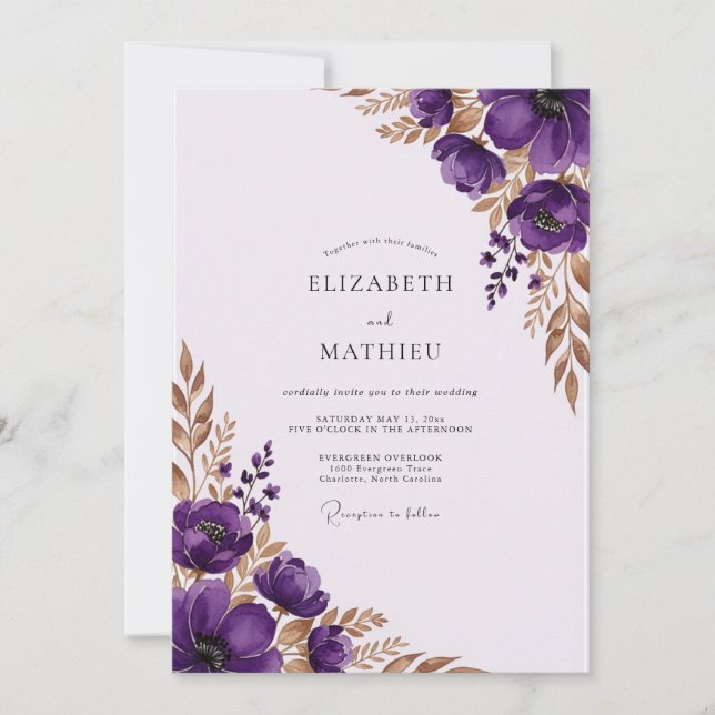 Convites Casamento Elegante de Outono Roxo (Frente)