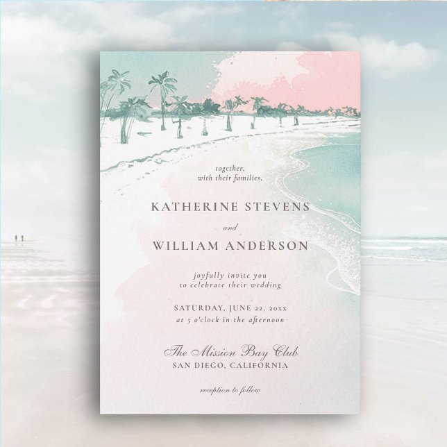 Convites Casamento Elegante de Palmeiras de Ocean Beach Tre (beach wedding invitation dreamy watercolor waves palm trees ocean formal traditional modern classic)