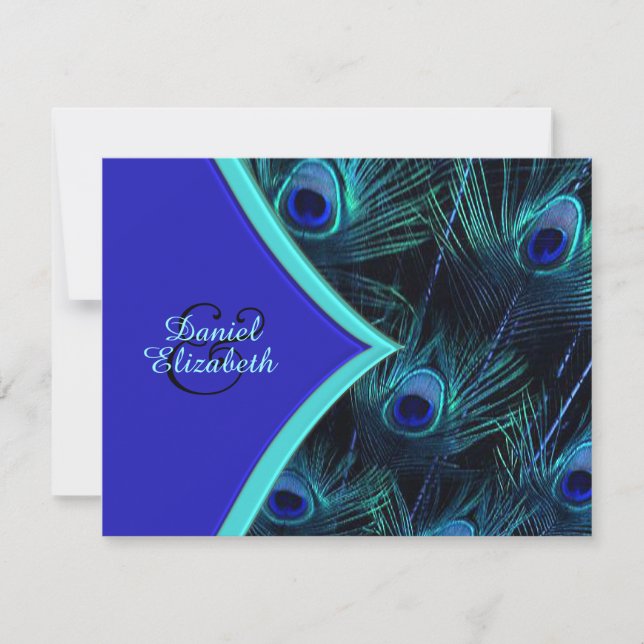 Convites Casamento Elegante de Pavão em Azul Turquesa e Azu (Frente)