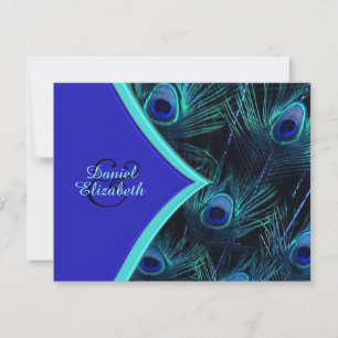 Convites Casamento Elegante de Pavão em Azul Turquesa e Azu