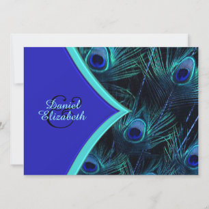 Convites Casamento Elegante de Pavão em Azul Turquesa e Azu