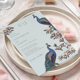 Convites Casamento Elegante de Pavão Floral Azul