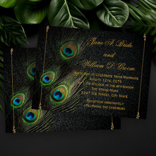 Convites Casamento Elegante de Pavão Preto e Dourado