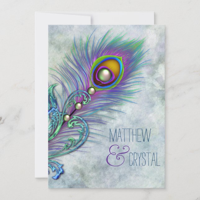 Convites Casamento Elegante de Pavão Vintage (Frente)