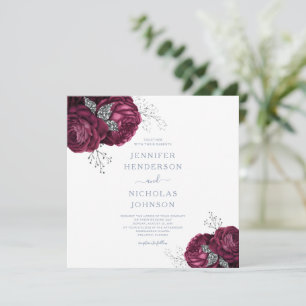 Convites Casamento Elegante de Peões Azuis Borgonha Floral