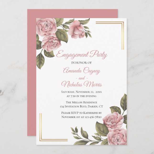 Convites Casamento Elegante de Peony Rosa-Rosa-Festa de noi (Frente/Verso)