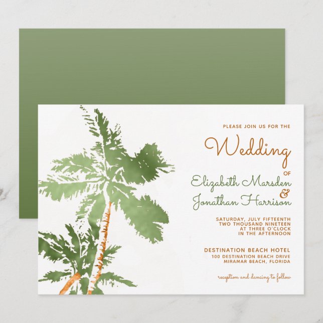 Convites Casamento Elegante De Praia De Palmeiras Tropicais (Frente/Verso)