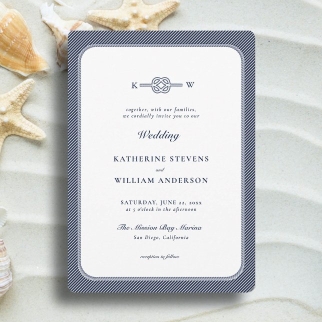 Convites Casamento Elegante de Praia do Marinho Náutico Kno (simple beach wedding invitation nautical rope infinity knot navy blue modern classic minimalist)