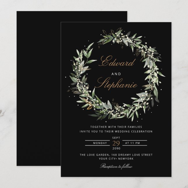 Convites Casamento Elegante de Preto e Branco em Verde (Frente/Verso)