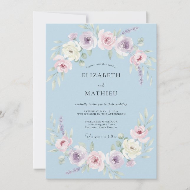 Convites Casamento Elegante de Primavera Azul Pó (Frente)