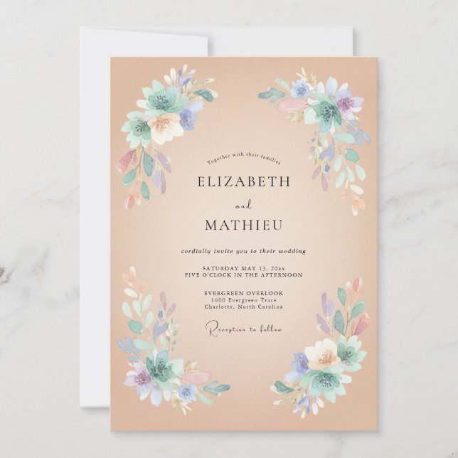 Convites Casamento Elegante de Primavera com Pêssego (Frente)