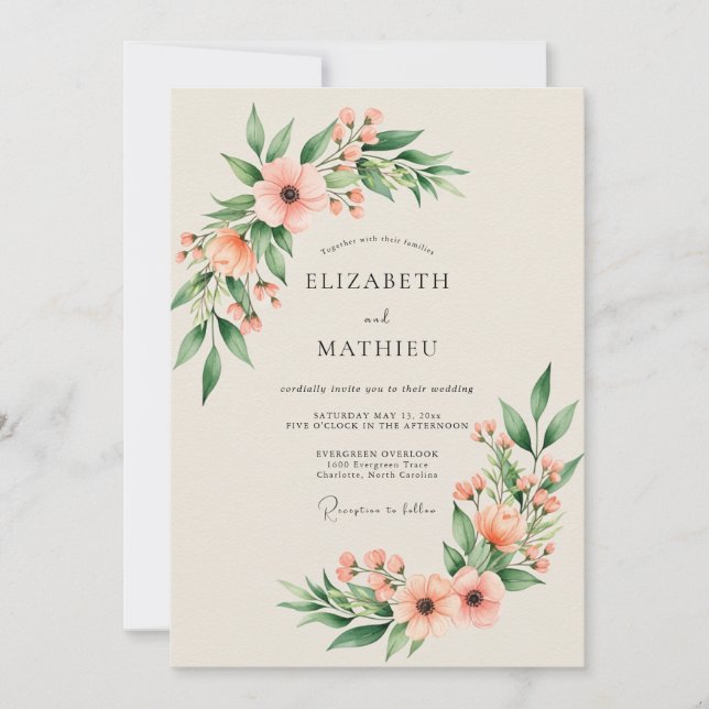 Convites Casamento Elegante de Primavera com Pêssego (Frente)