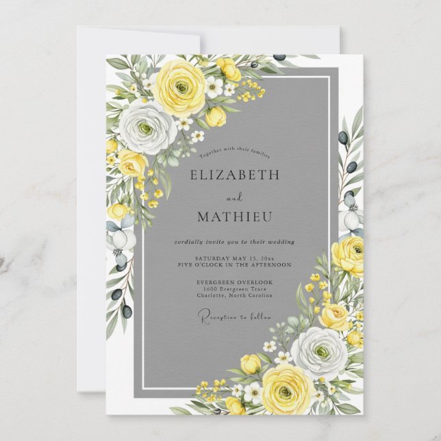 Convites Casamento Elegante de Primavera em Tons de Cinza e (Frente)