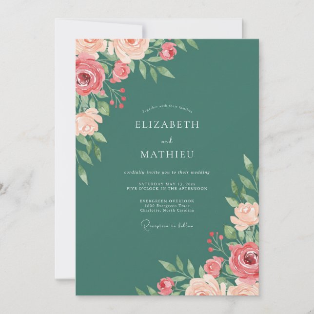 Convites Casamento Elegante de Primavera em Verde Azul (Frente)