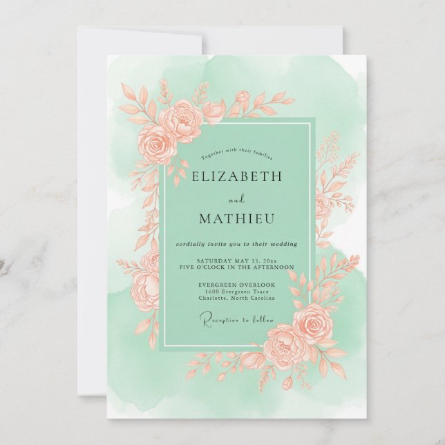 Convites Casamento Elegante de Primavera em Verde Hortelã (Frente)