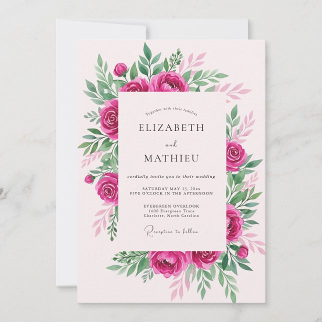 Convites Casamento Elegante de Primavera Rosa Quente (Frente)