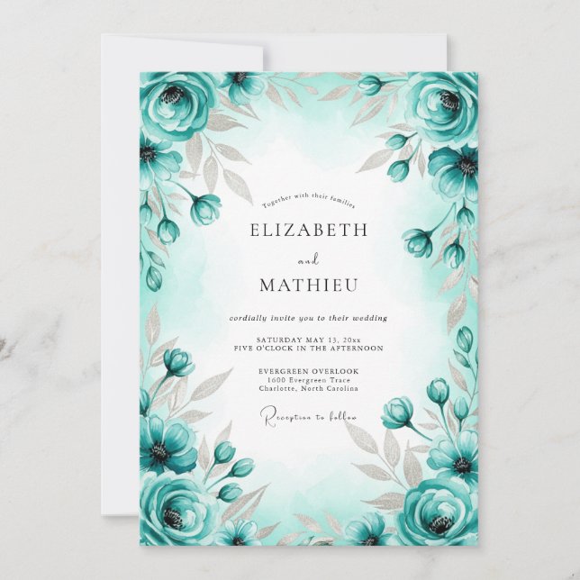 Convites Casamento Elegante de Primavera Turquesa (Frente)