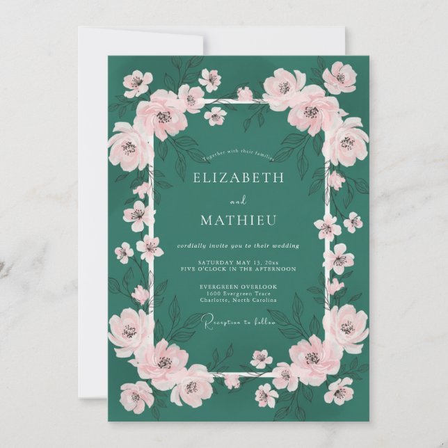 Convites Casamento Elegante de Primavera Verde Esmeralda (Frente)