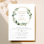 Convites Casamento Elegante de Quadro Geométrico Dourado Gr<br><div class="desc">Este elegante e personalizável Convite de Casamento apresenta um quadro de ouro geométrico adornado com uma bela folhagem verde de aquarela e foi emparelhado com uma caligrafia balística e uma serifa clássica em ouro e cinza. Para fazer alterações avançadas, selecione a opção "Clique para personalizar mais" em Personalizar este modelo....</div>
