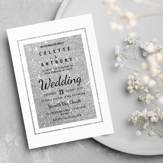 Convites Casamento elegante de relva prateada moderna (Modern elegant white silver glitter Wedding )