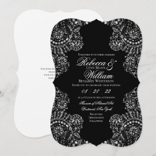 Convites Casamento Elegante de Renda Preta e Branca Gótica