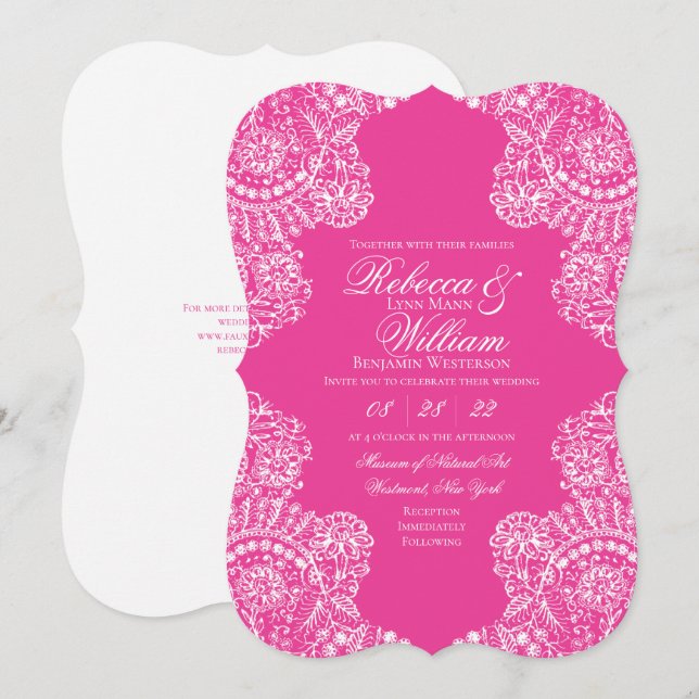 Convites Casamento Elegante de rendas cor-de-rosa-claro (Frente/Verso)
