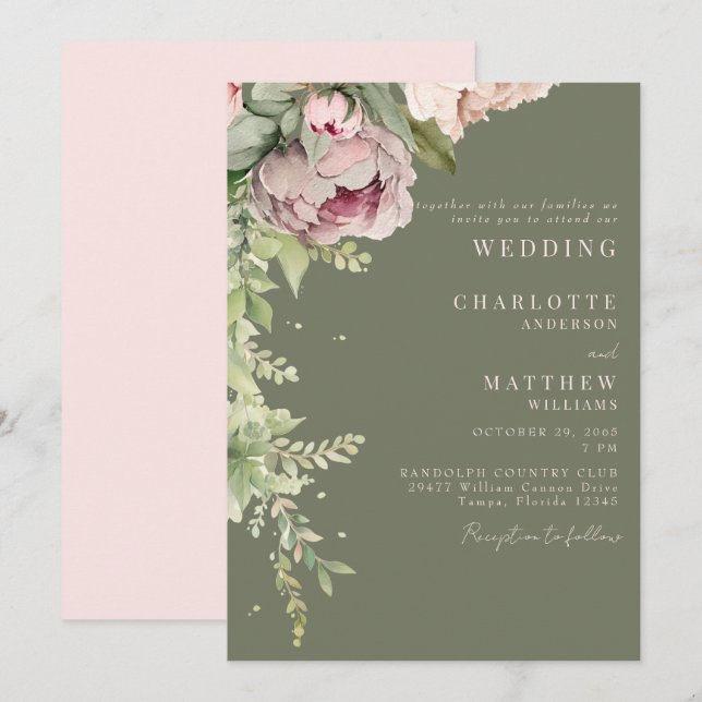 Convites Casamento Elegante De Rich Sage & Pink Peonies (Frente/Verso)