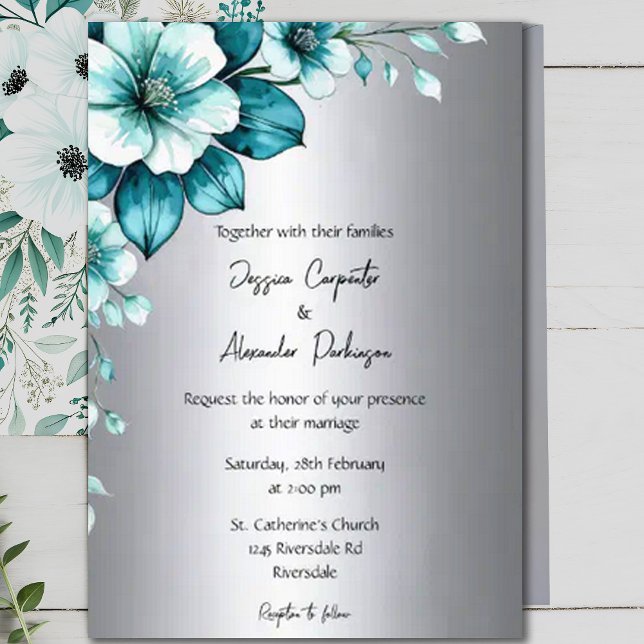 Convites Casamento Elegante de Rosas Aqua e Script Silver (Criador carregado)