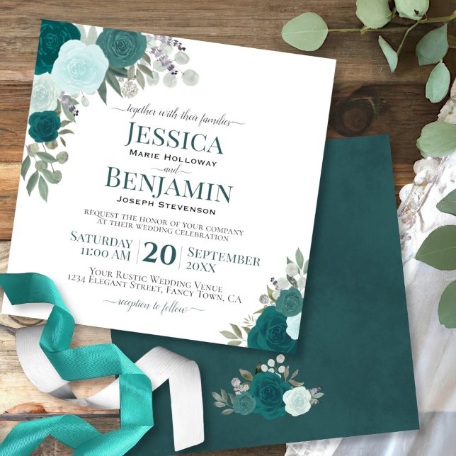 Convites Casamento Elegante de Rosas de Aquarela de Teal ou (Criador carregado)