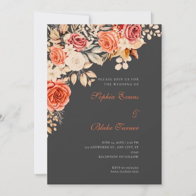 Convites Casamento Elegante de Rosas Laranja e Brancas com  (Frente)